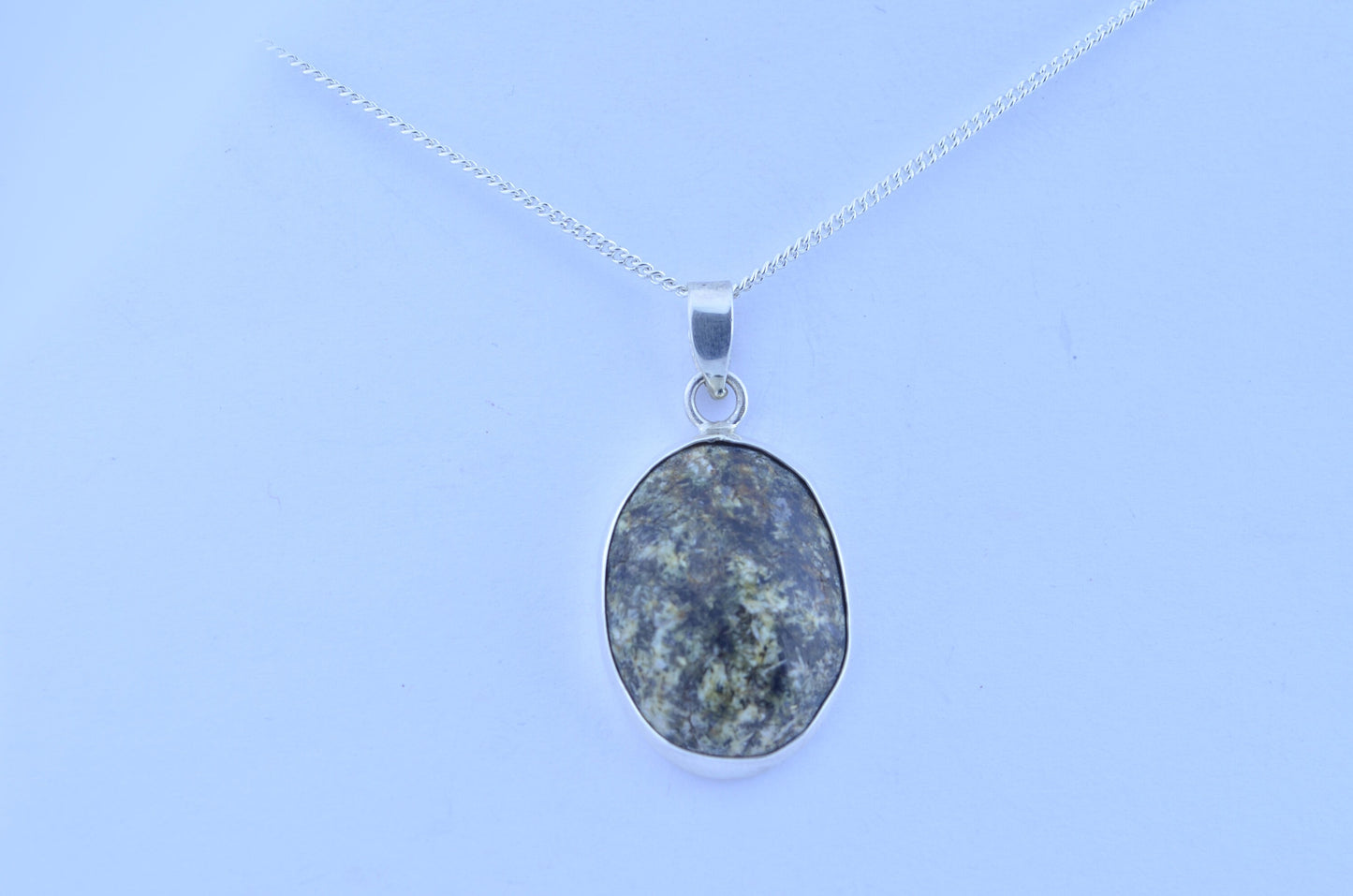 Preseli bluestone necklace , natural stone from Wales, oval shape pendant, 18” chain