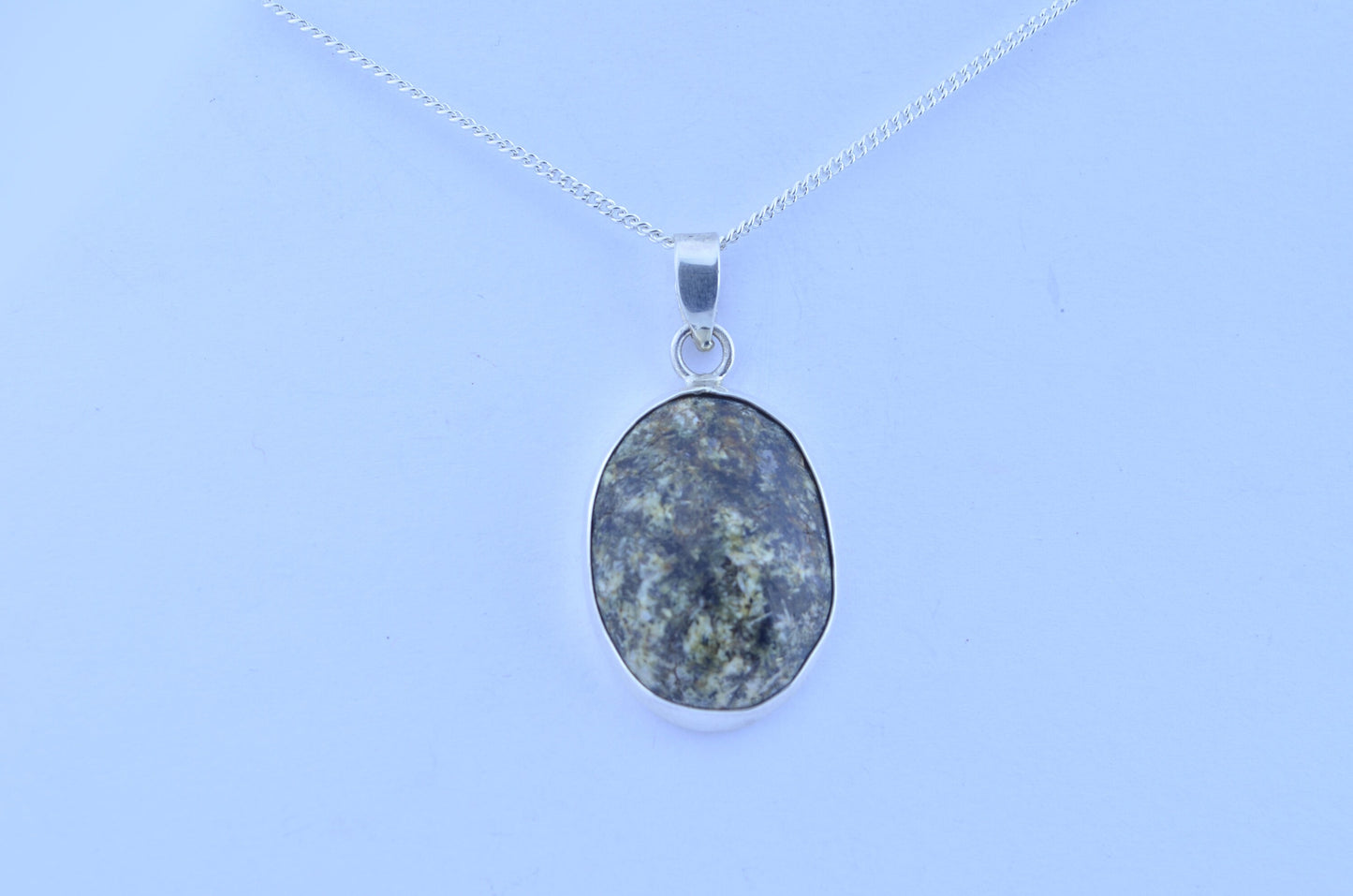 Preseli bluestone necklace , natural stone from Wales, oval shape pendant, 18” chain
