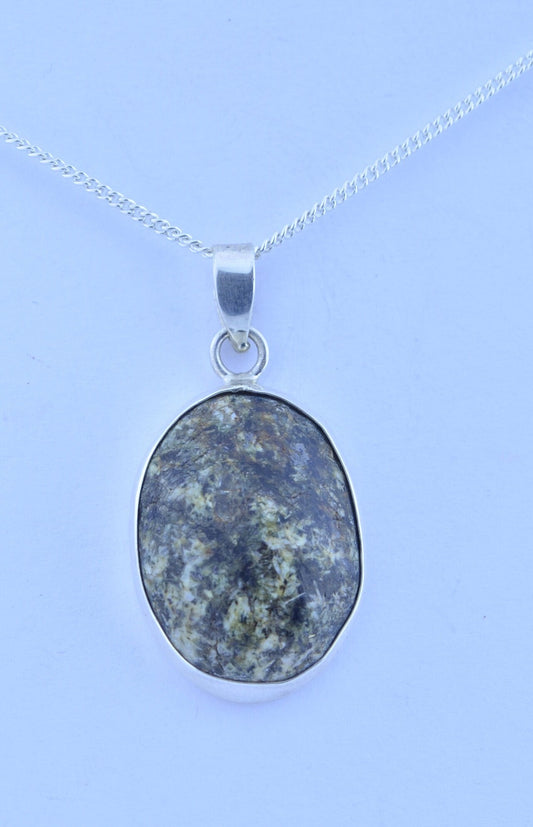 Preseli bluestone necklace , natural stone from Wales, oval shape pendant, 18” chain