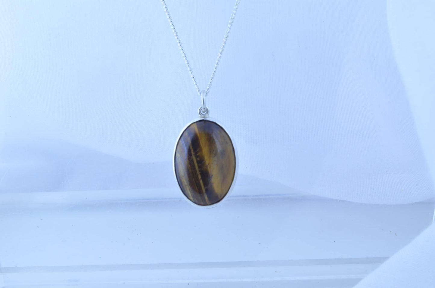 silver tiger’s eye necklace, oval natural brown gemstone pendant, 18” chain