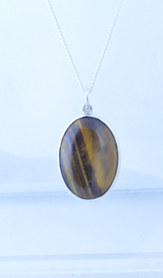 silver tiger’s eye necklace, oval natural brown gemstone pendant, 18” chain