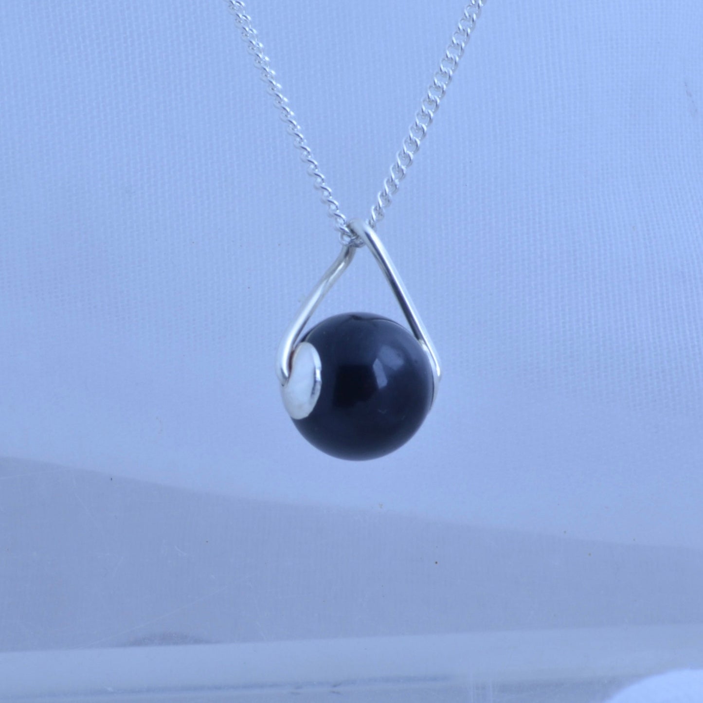 black onyx pendant, solid sterling silver necklace, round shape natural gemstone, 18” chain
