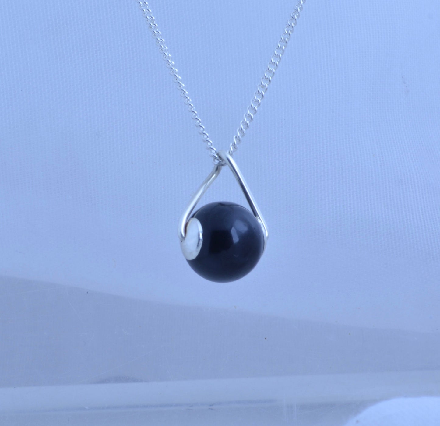 black onyx pendant, solid sterling silver necklace, round shape natural gemstone, 18” chain