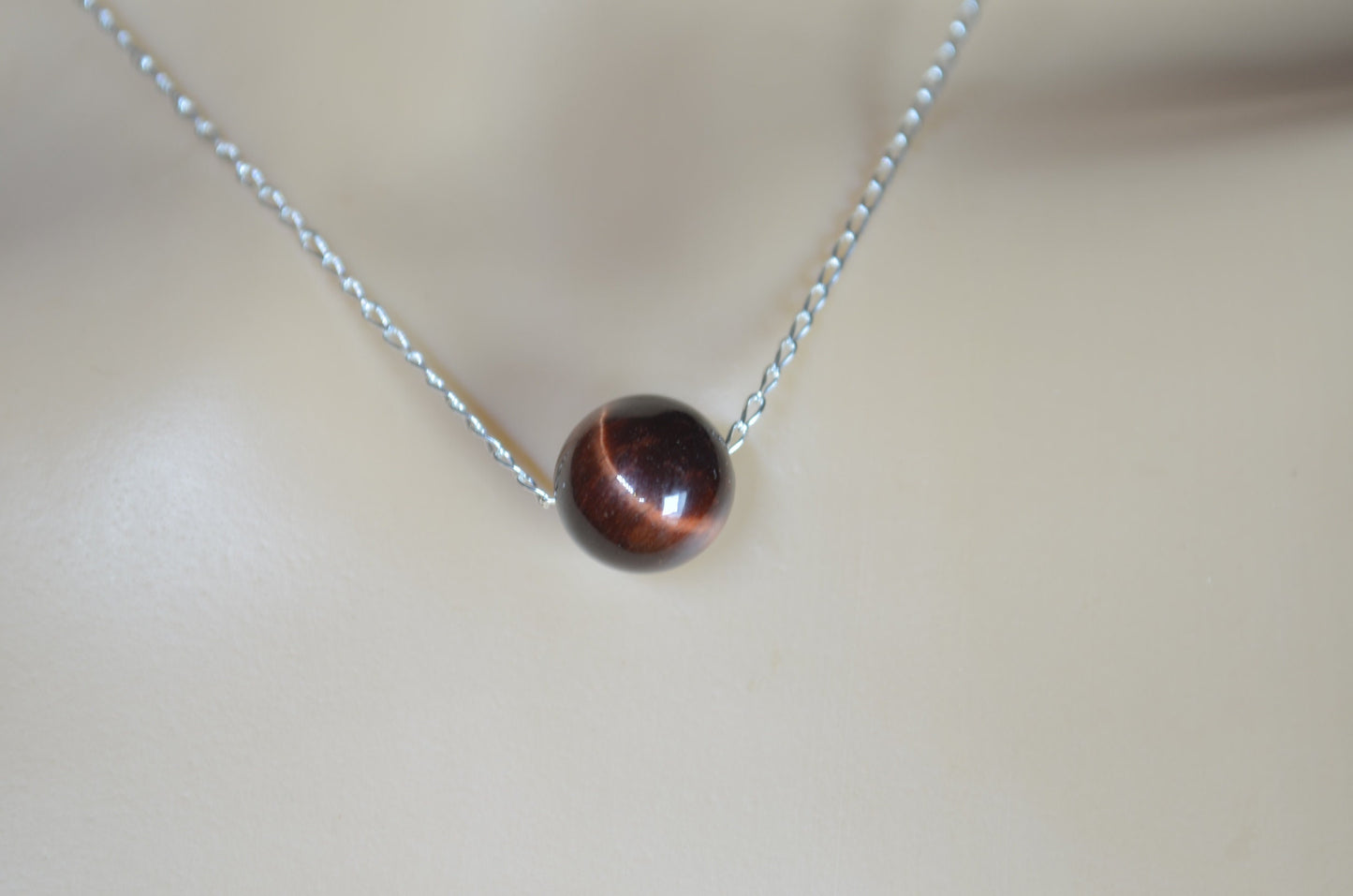 silver chain necklace, round natural brown tiger’s eye gemstone bead