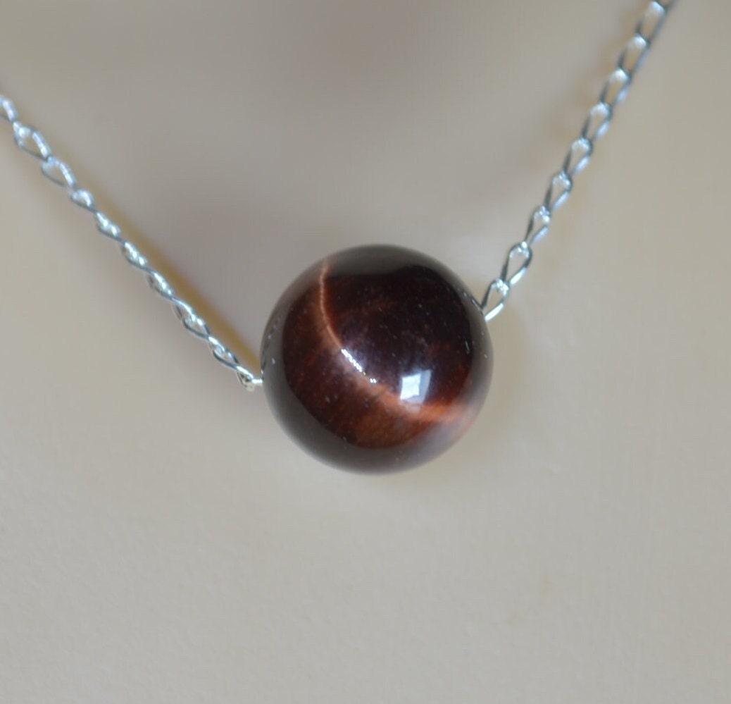 silver chain necklace, round natural brown tiger’s eye gemstone bead