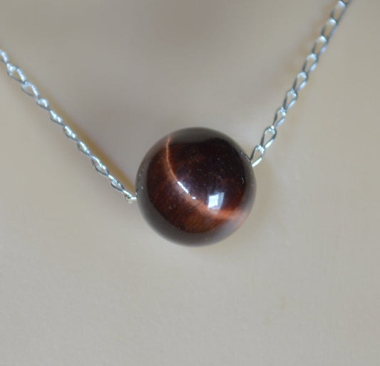 silver chain necklace, round natural brown tiger’s eye gemstone bead