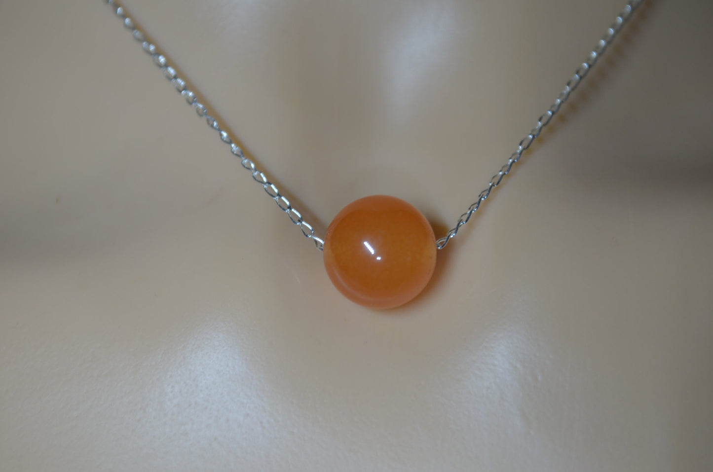 silver chain red aventurine bead  necklace, natural round shape gemstone, 18” chain
