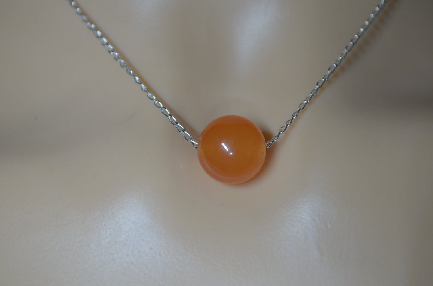 silver chain red aventurine bead  necklace, natural round shape gemstone, 18” chain
