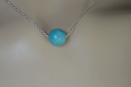 turquoise bead silver necklace, round blue pendant, 18” chain