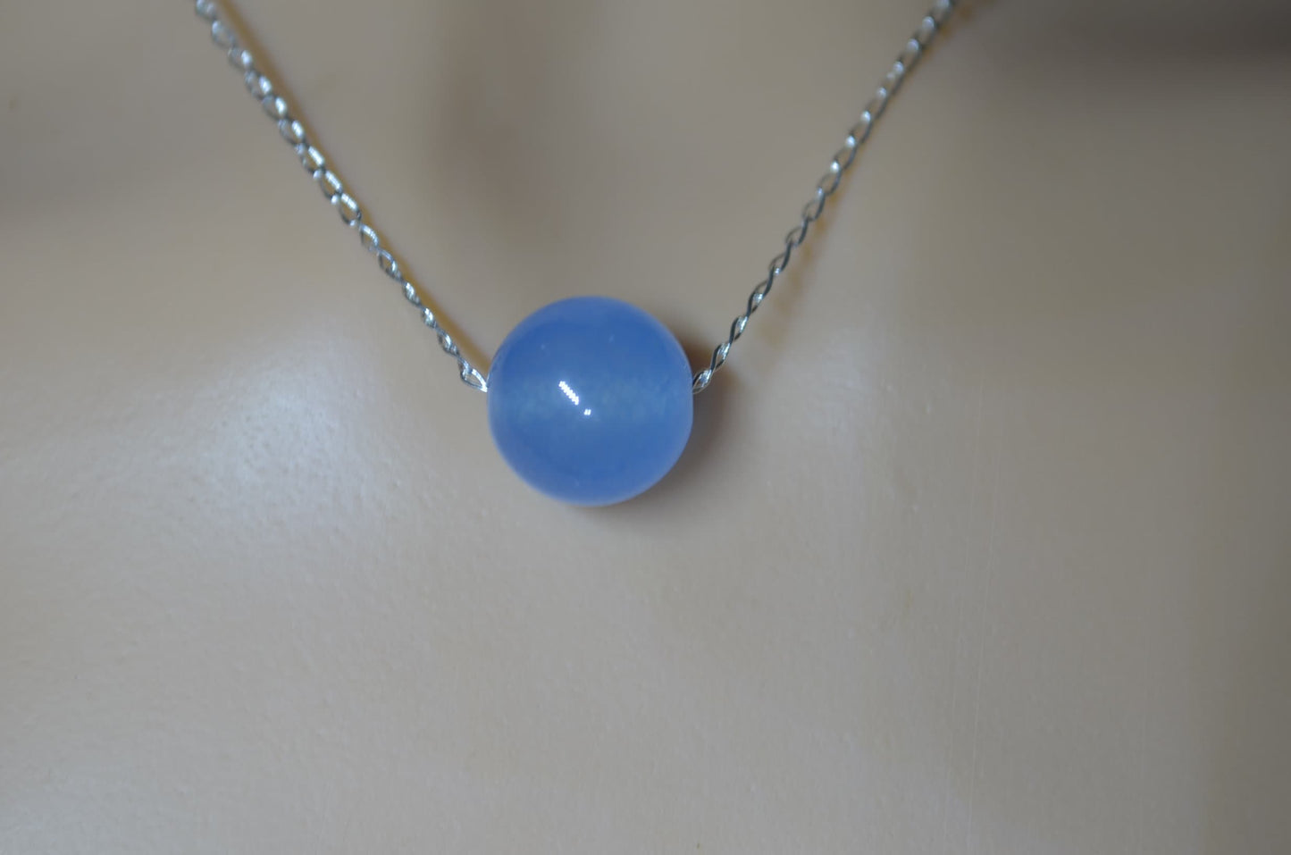 Silver blue jade necklace, round stone bead, natural materials, 18” chain
