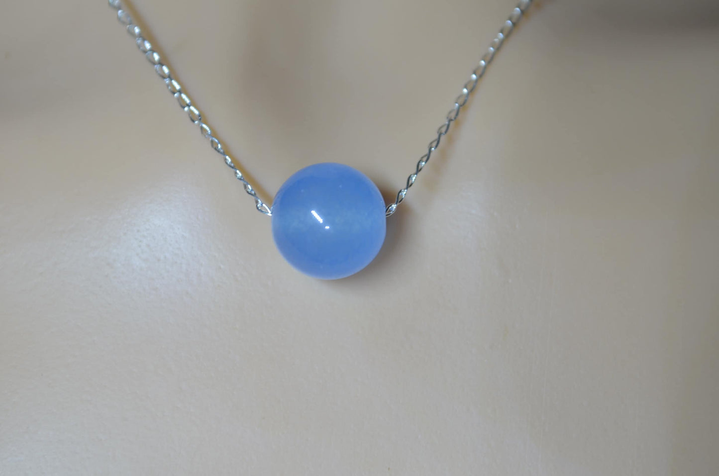 Silver blue jade necklace, round stone bead, natural materials, 18” chain