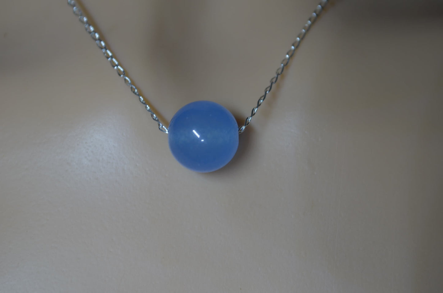 Silver blue jade necklace, round stone bead, natural materials, 18” chain