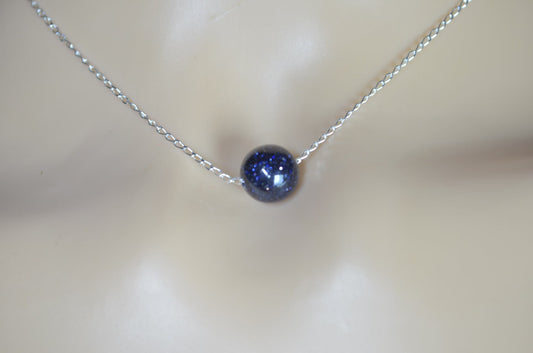 silver chain necklace blue goldstone bead, 18” chain
