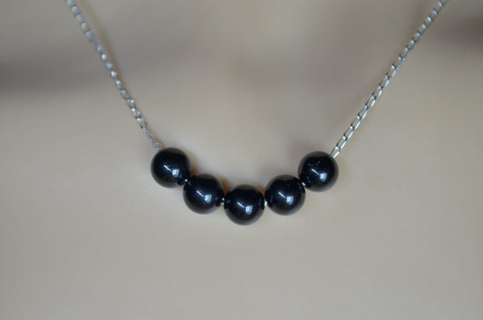 black onyx 5 beads and solid sterling silver chain necklace, bell shape natural gemstone