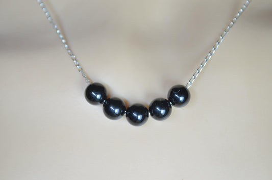 black onyx 5 beads and solid sterling silver chain necklace, bell shape natural gemstone