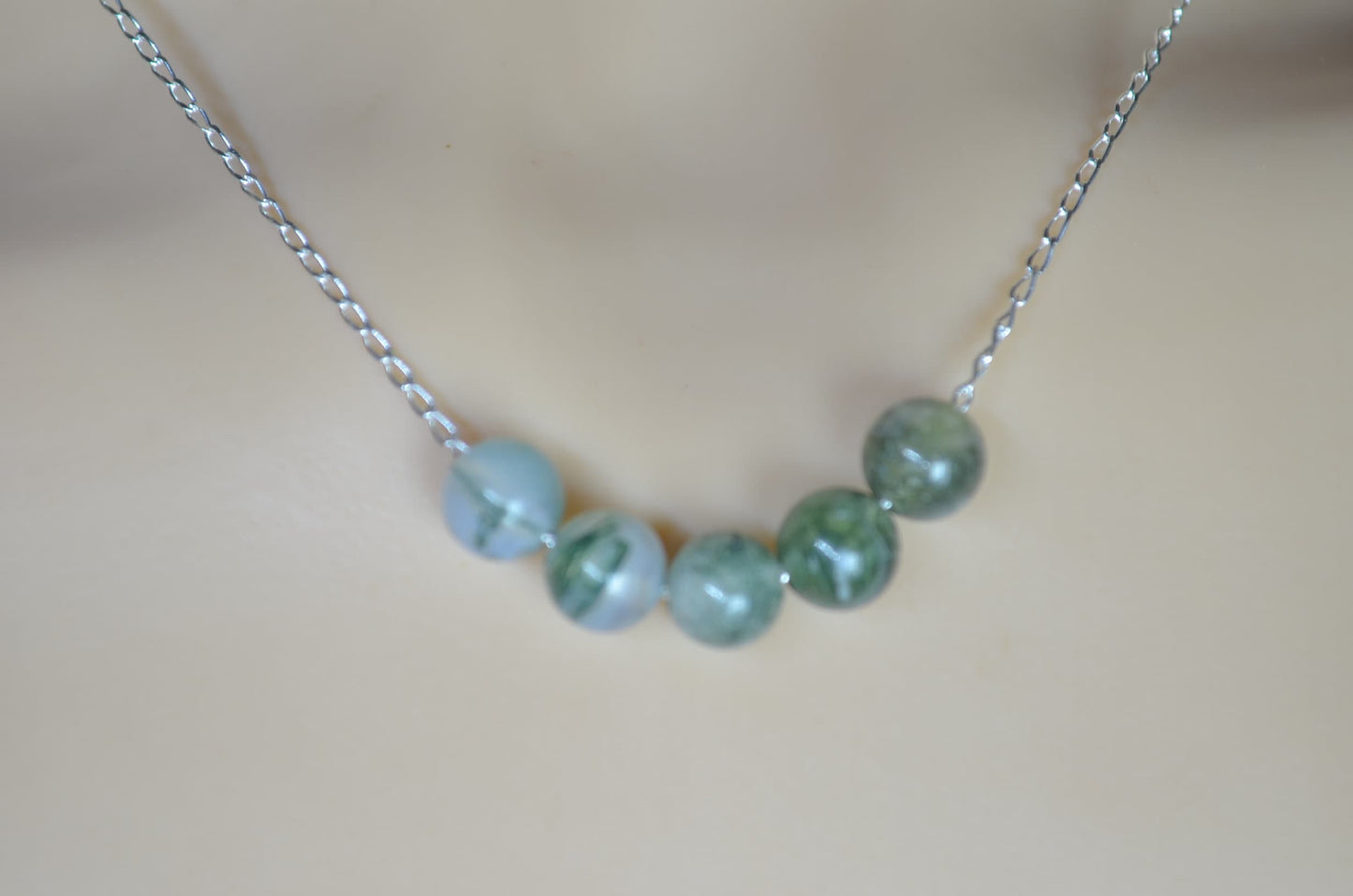 silver necklace green moss agate 5 beads, round shape natural gemstone, 18” chain