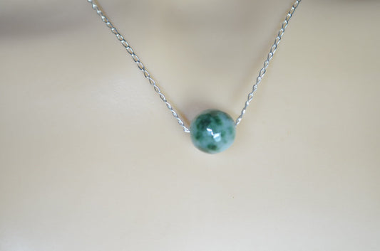 jade silver pendant and solid sterling silver chain necklace, bell shape spotted green natural gemstone