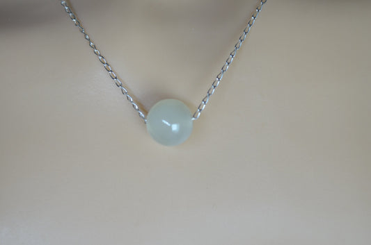 jade bead silver and solid sterling silver chain necklace, bell shape light green natural gemstone