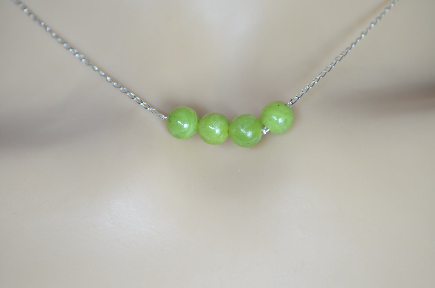 silver chain jade beads necklace, round shape bead pendant, 18” chain