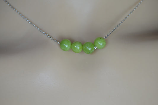 silver chain jade beads necklace, round shape bead pendant, 18” chain