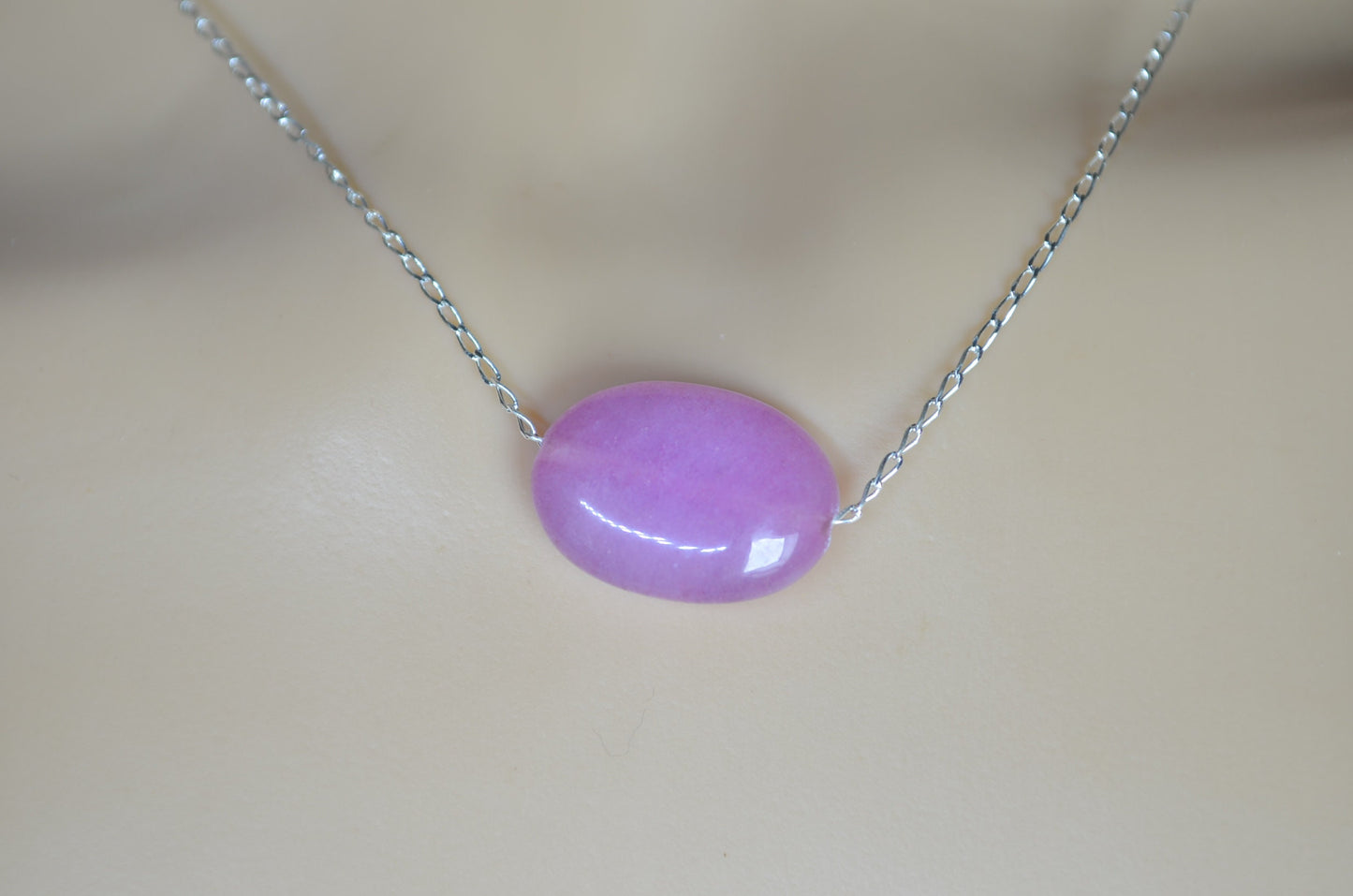 pink jade silver necklace, oval shape bead pendant, 18” chain