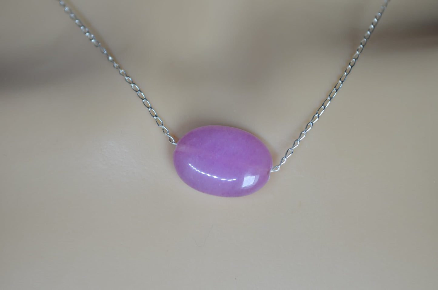 pink jade silver necklace, oval shape bead pendant, 18” chain