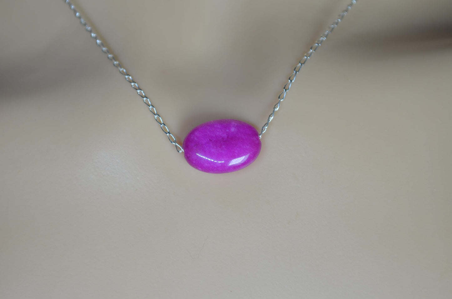 silver chain necklace and oval shape pink jade bead pendant, 18” chain