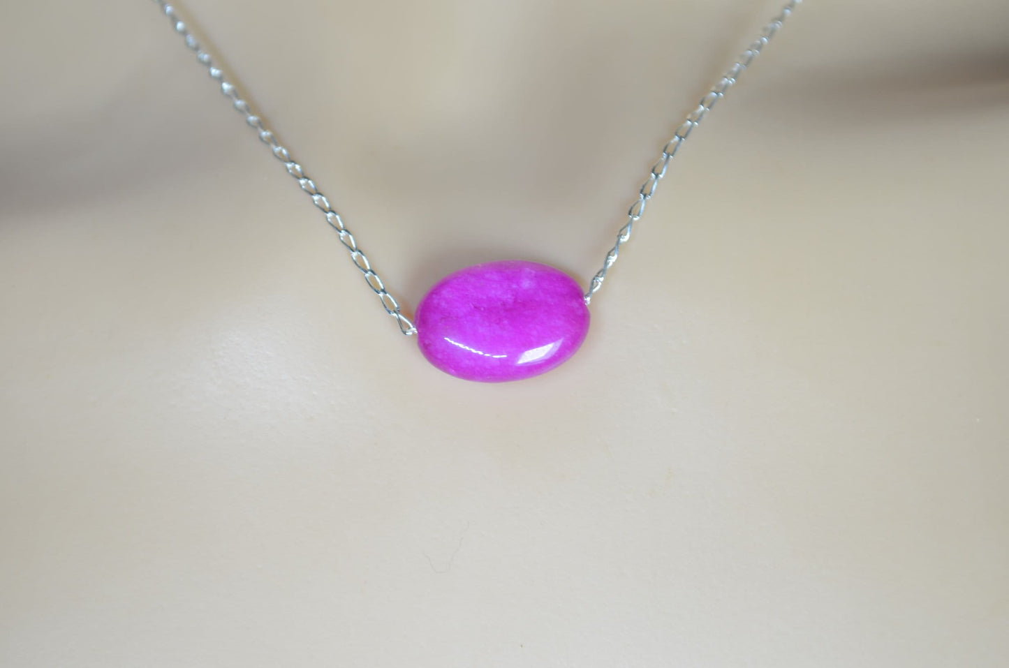 silver chain necklace and oval shape pink jade bead pendant, 18” chain