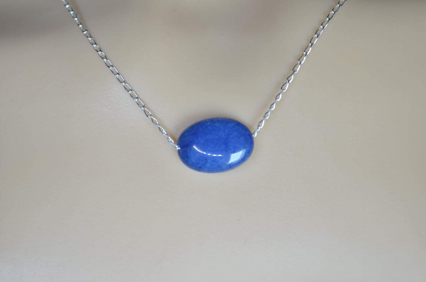 Silver blue jade necklace, oval stone bead, natural materials, 18” chain