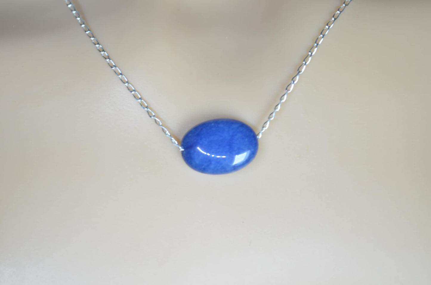 Silver blue jade necklace, oval stone bead, natural materials, 18” chain