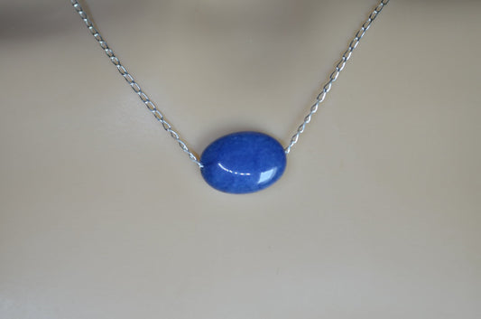 Silver blue jade necklace, oval stone bead, natural materials, 18” chain