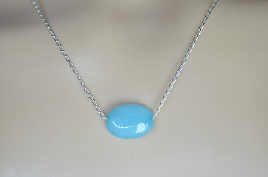 Silver necklace blue jade, oval stone bead, natural materials, 18” chain