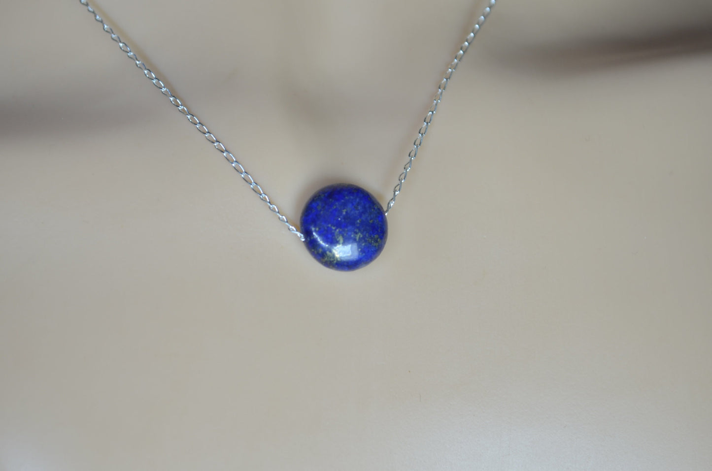 lapis lazuli silver necklace, blue circle shape bead, natural gemstone, 18” chain