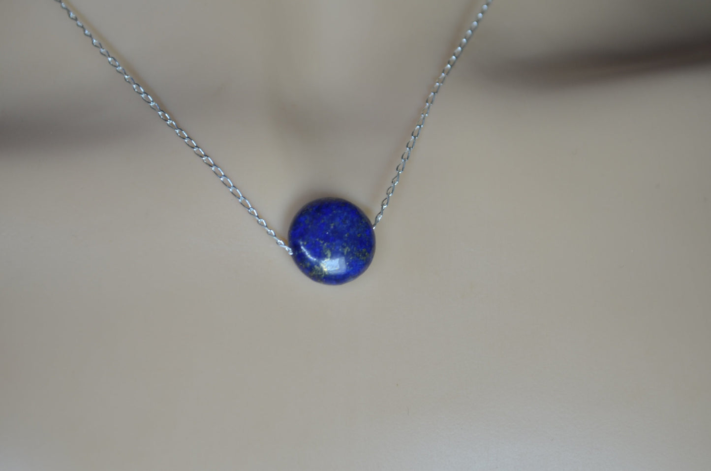 lapis lazuli silver necklace, blue circle shape bead, natural gemstone, 18” chain