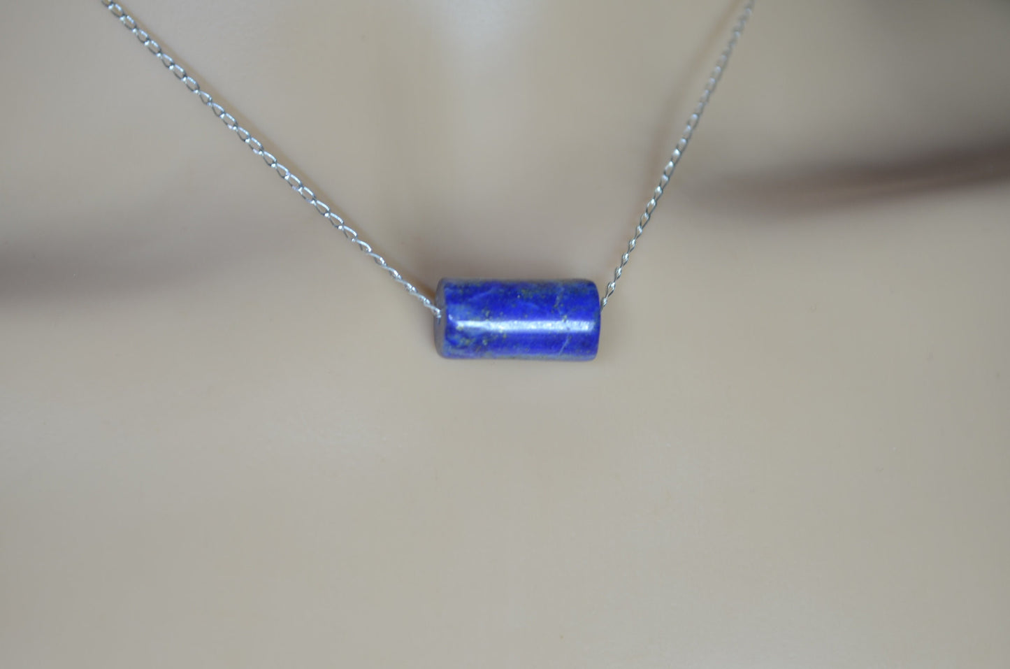 silver and lapis lazuli necklace, blue bead, natural gemstone, 18” chain