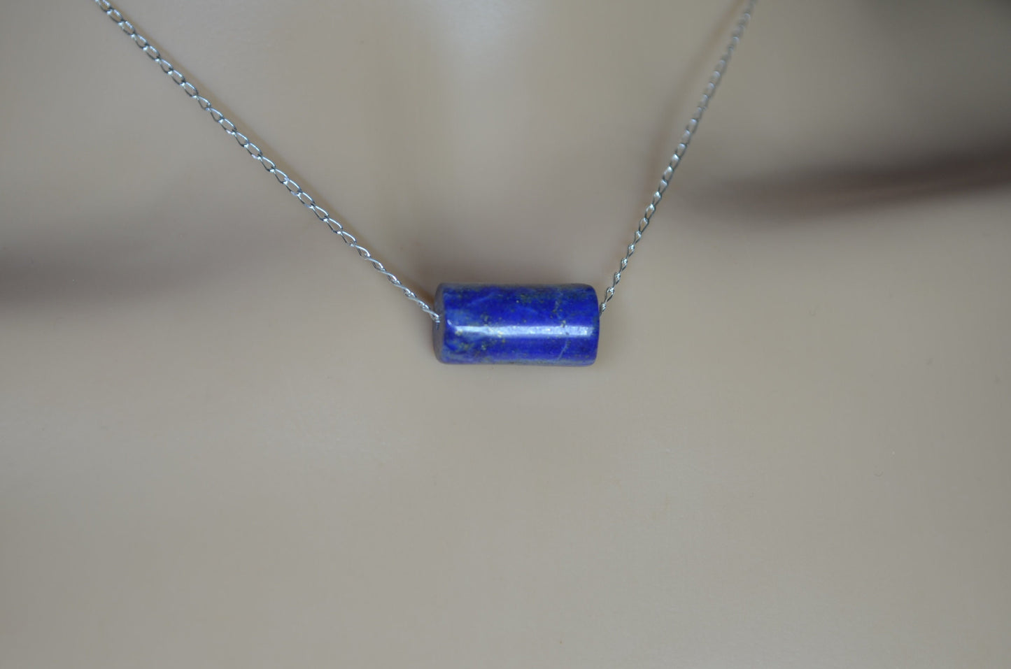 silver and lapis lazuli necklace, blue bead, natural gemstone, 18” chain