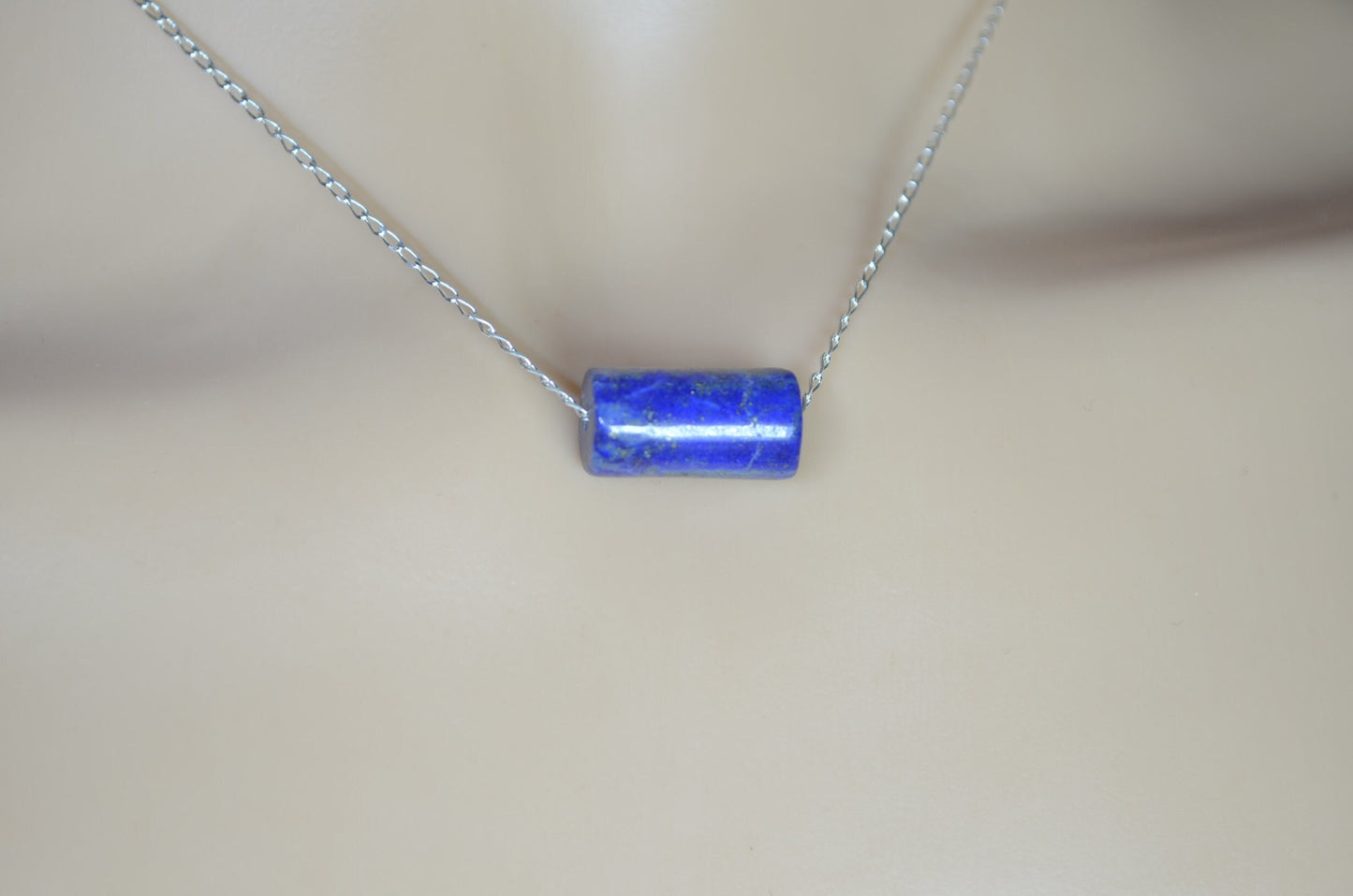 silver and lapis lazuli necklace, blue bead, natural gemstone, 18” chain