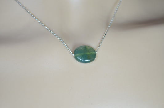 silver necklace moss agate, oval shape natural gemstone, 18” chain