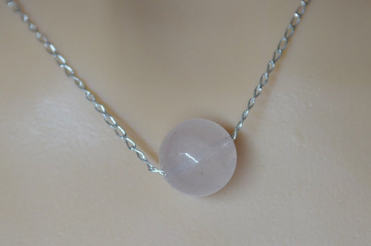 silver necklace rose quartz, round pink pendant, natural gemstone , 18” chain