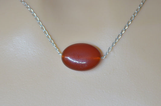 carnelian silver necklace, oval natural red gemstone pendant, 18” chain