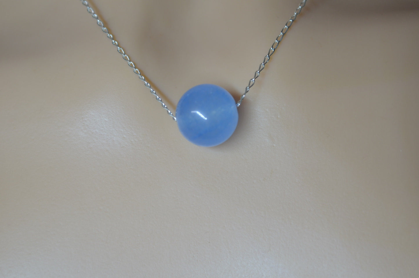 Silver blue jade bead necklace, round stone pendant, natural materials, 18” chain