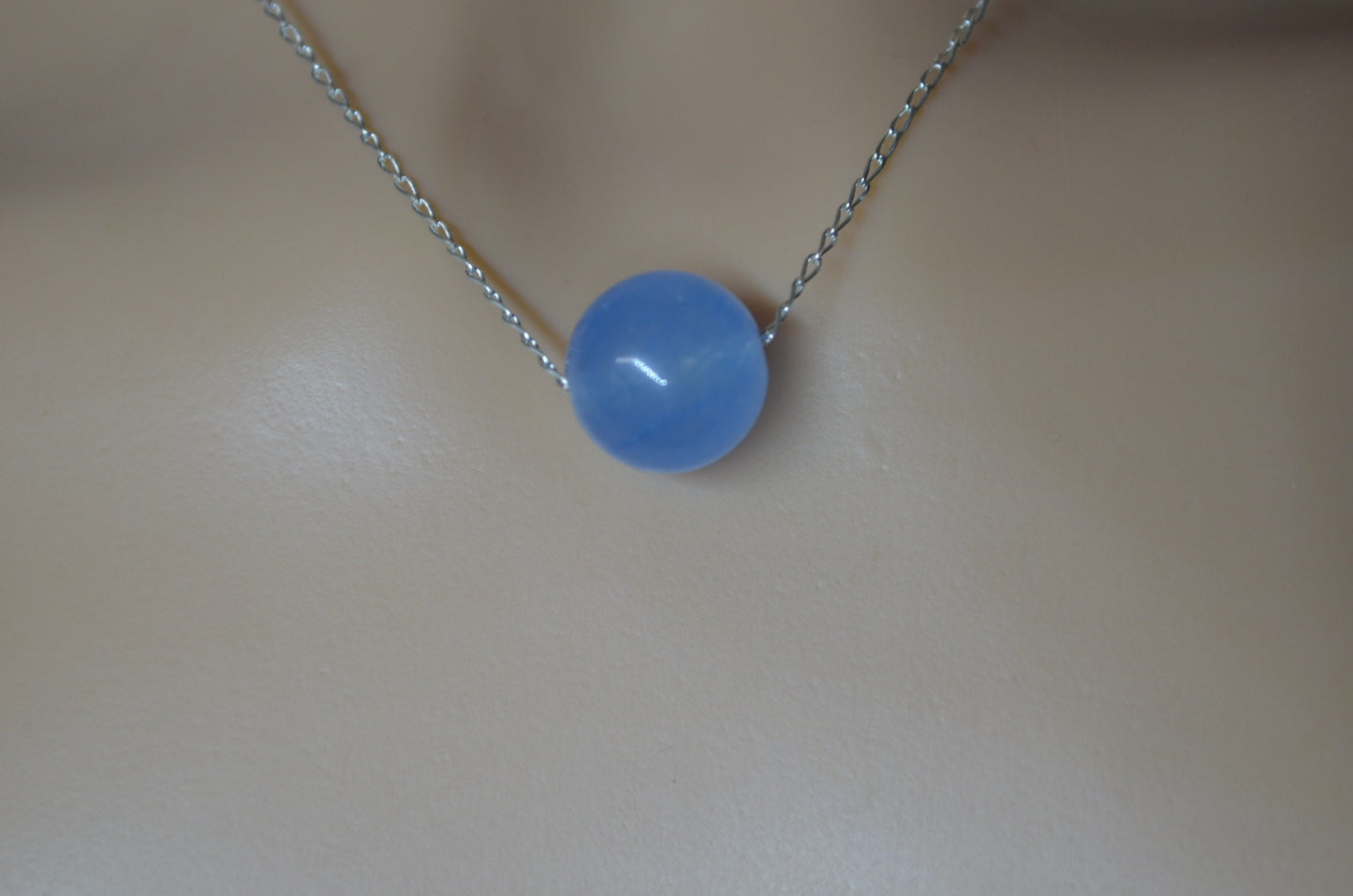 Silver blue jade bead necklace, round stone pendant, natural materials, 18” chain