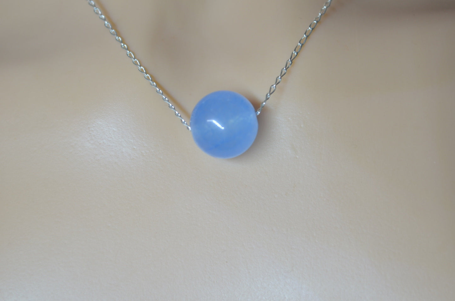 Silver blue jade bead necklace, round stone pendant, natural materials, 18” chain