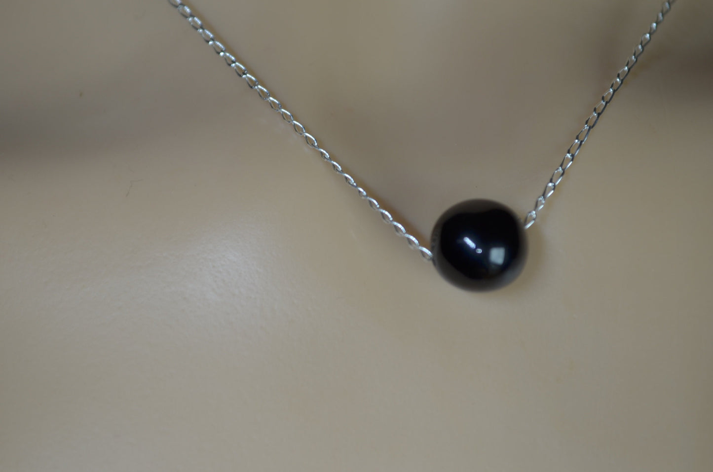 black onyx bead and solid sterling silver chain necklace, bell shape natural gemstone