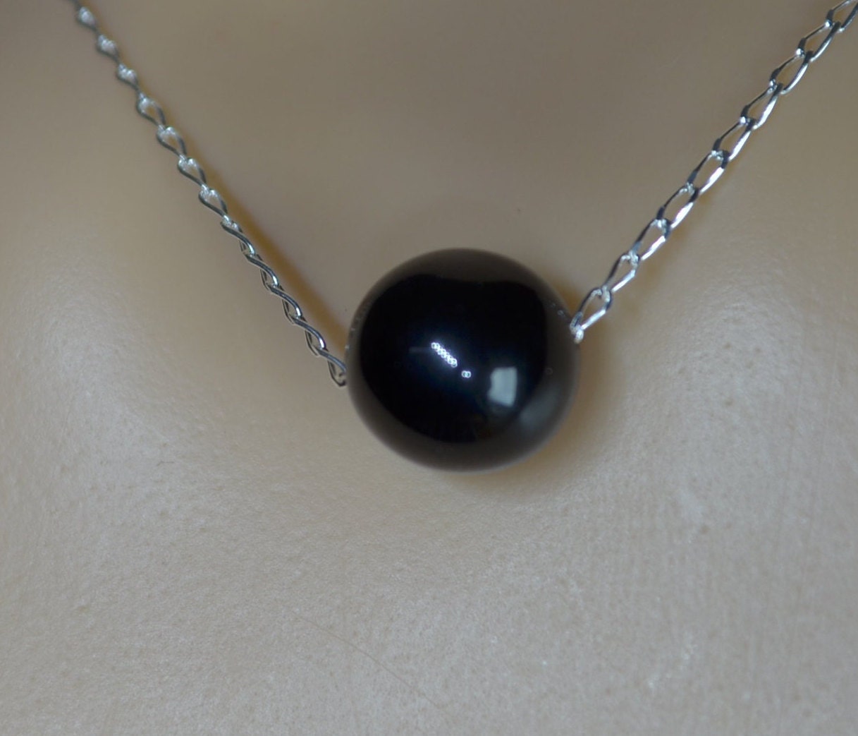 black onyx bead and solid sterling silver chain necklace, bell shape natural gemstone