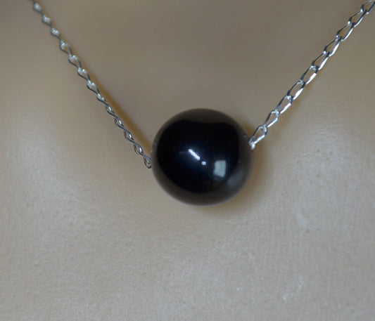 black onyx bead and solid sterling silver chain necklace, bell shape natural gemstone