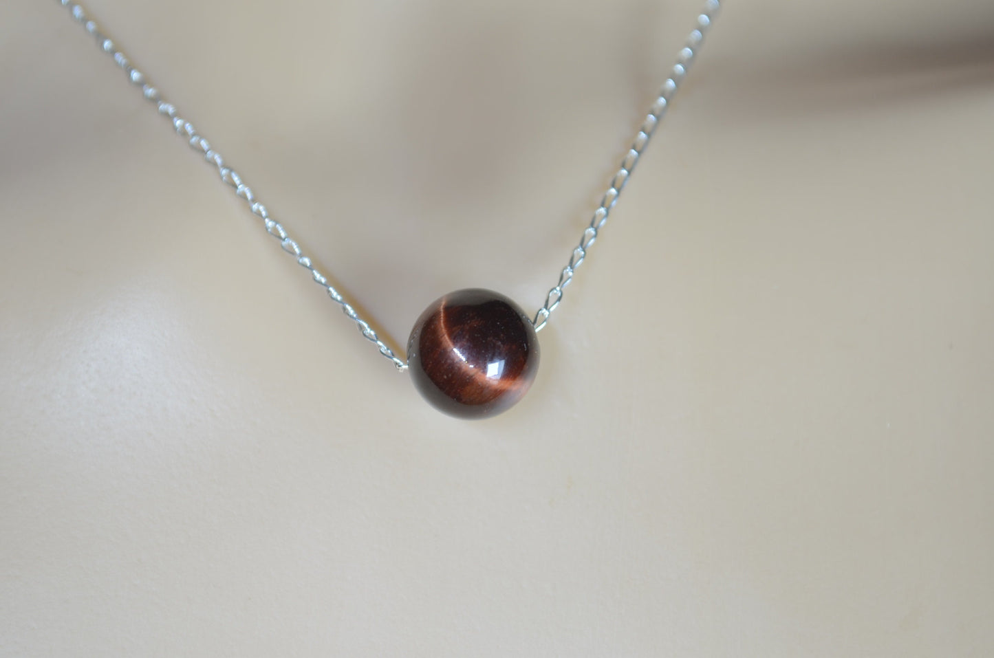 silver chain necklace, round natural brown tiger’s eye gemstone bead