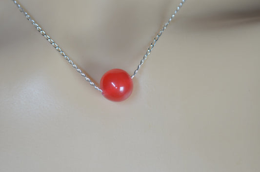 silver red jade necklace, round shape bead pendant, 18” chain