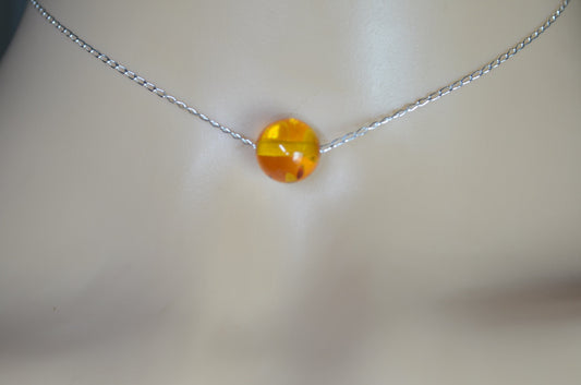 silver necklace, yellow bead, round shape gemstone, 18” chain