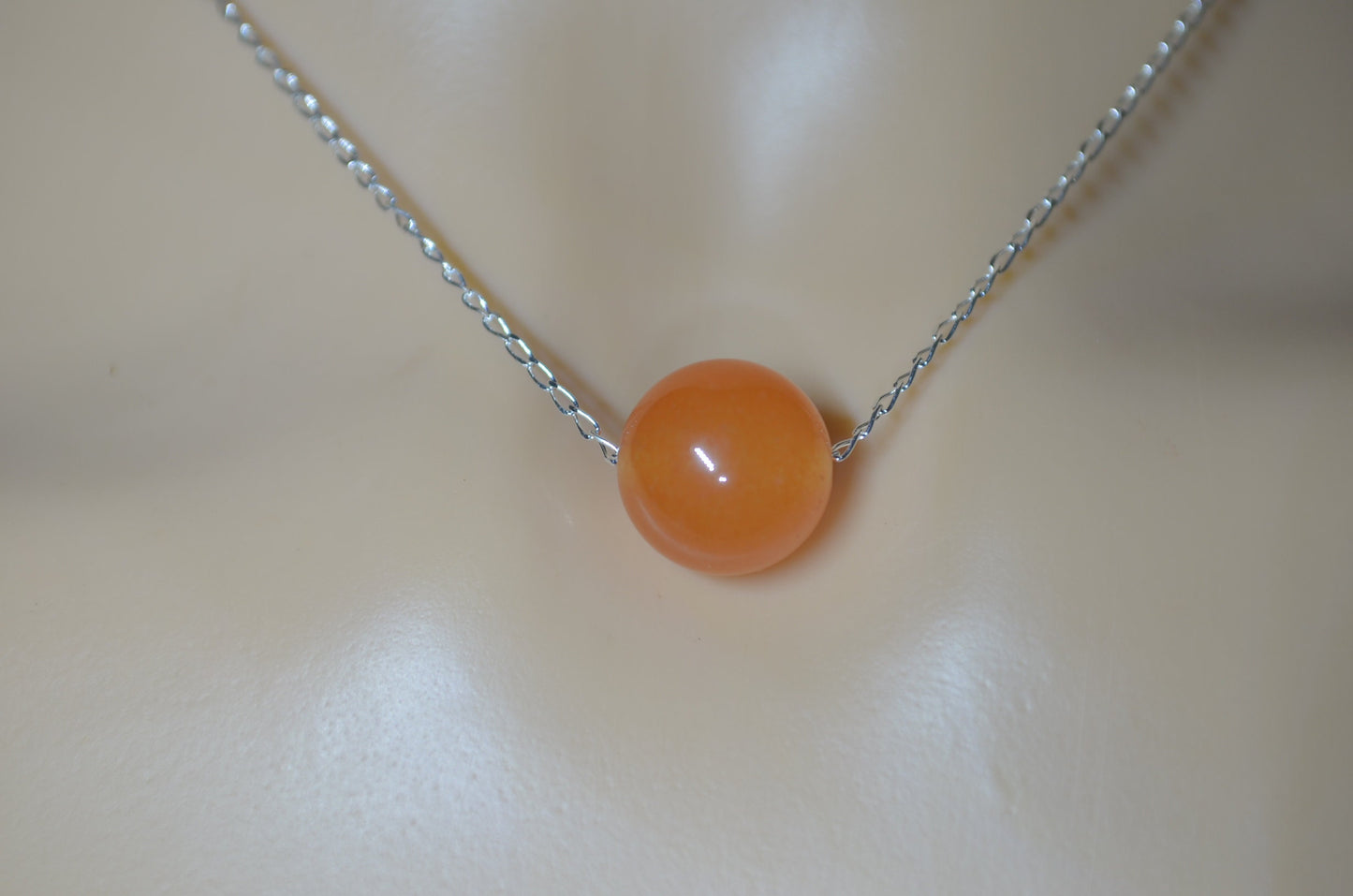 silver chain red aventurine bead  necklace, natural round shape gemstone, 18” chain